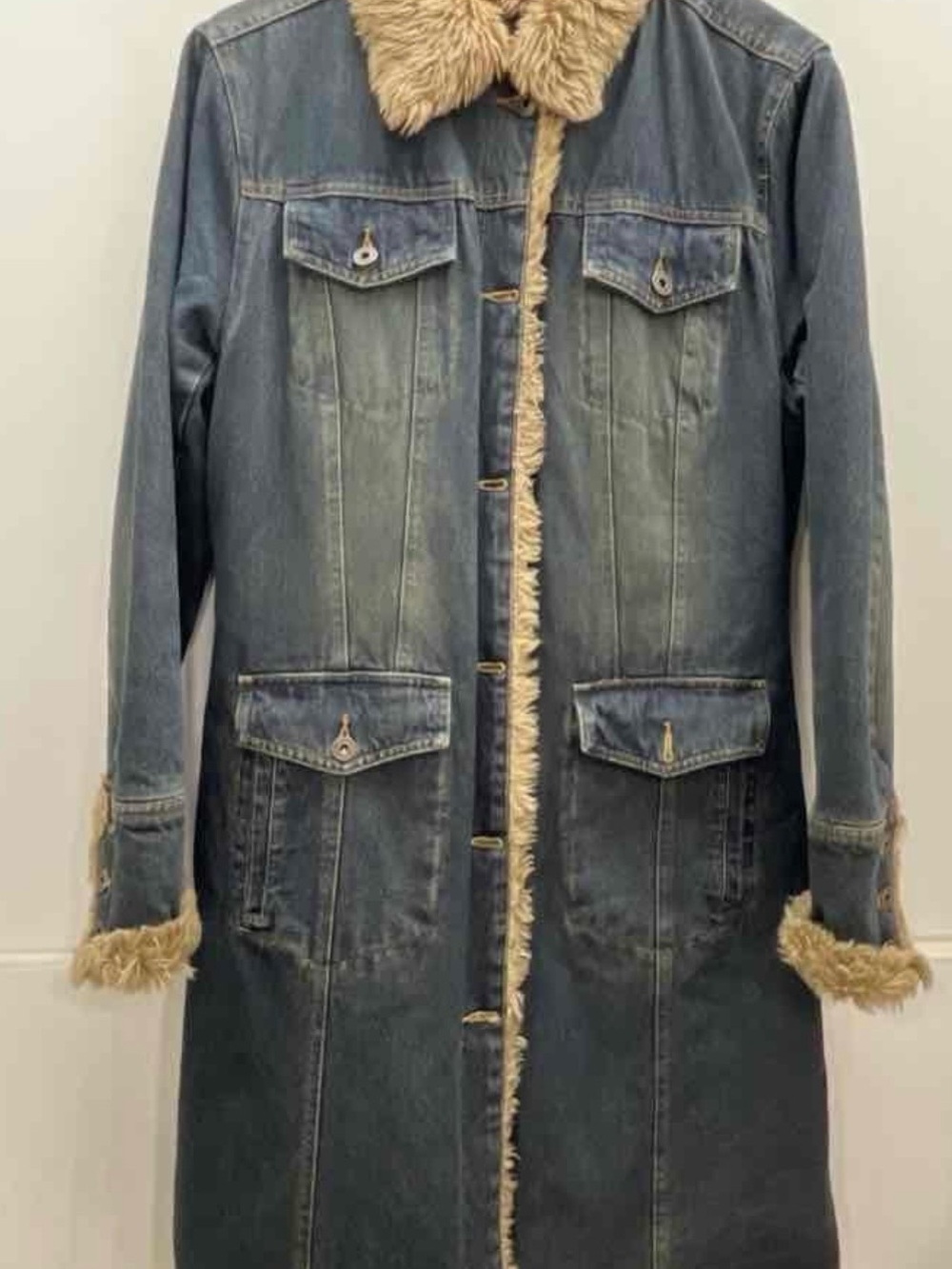 Steve Madden Denim Trench Coat with Faux Fur Trim in Blue and Tan